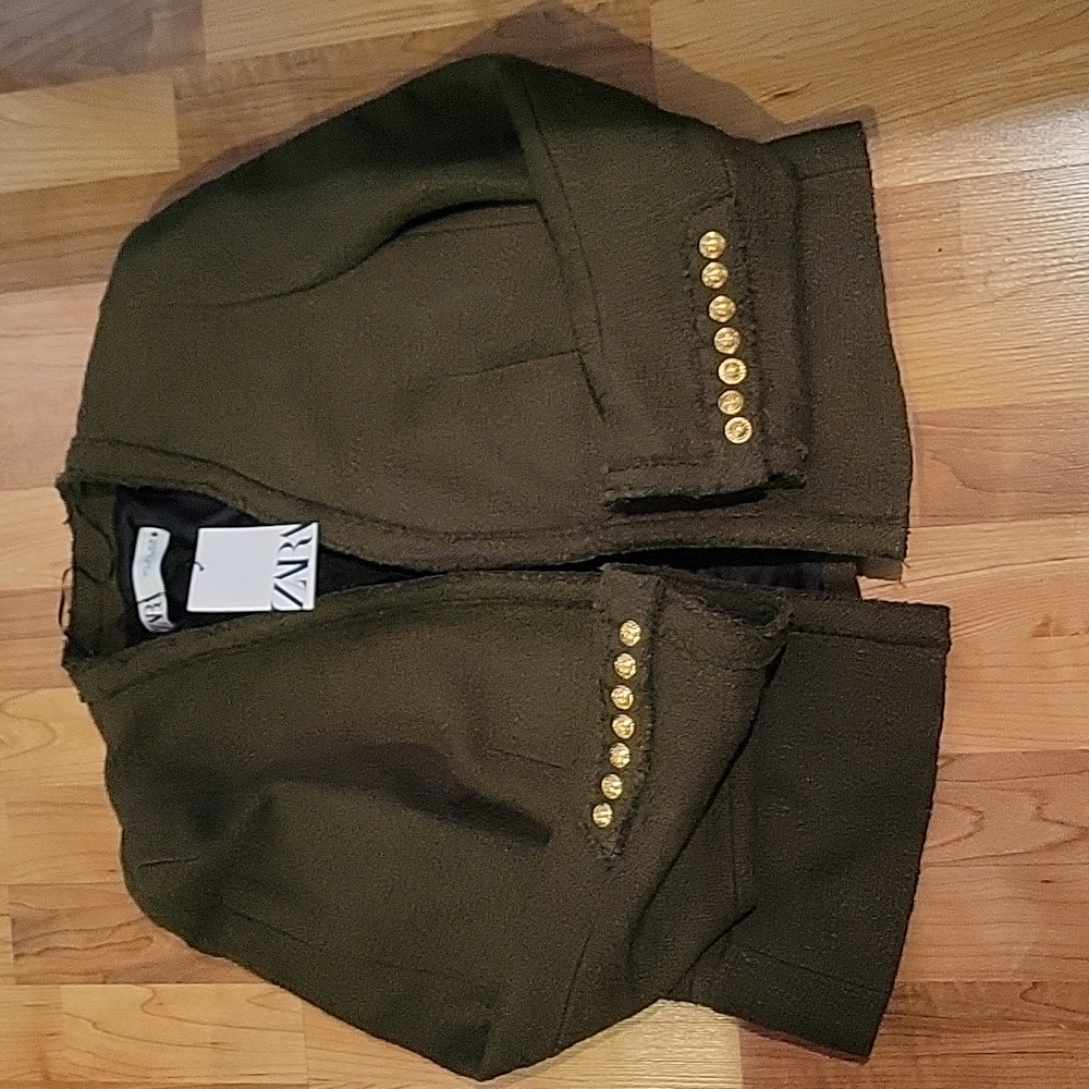 Zara Tweed Jacket Cropped Open Front Military Style Gold Buttons Shoulder Pads L